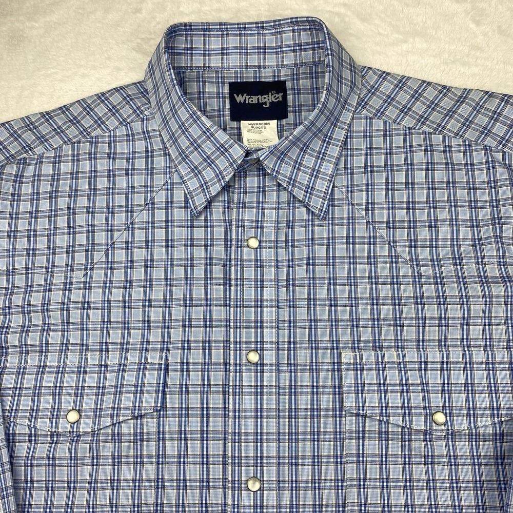 Wrangler Western‎ Shirt Mens XL Blue Plaid Pearl Snap Buttons 100% Cotton
